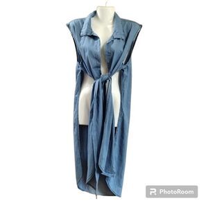 American Bazi Blue Chambray Tie Front Top Sz L